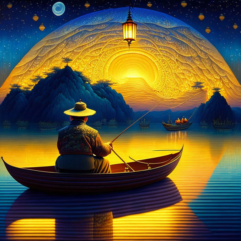 Fisherman in boat at night with glowing lantern, ornate sky, mountains, and boats