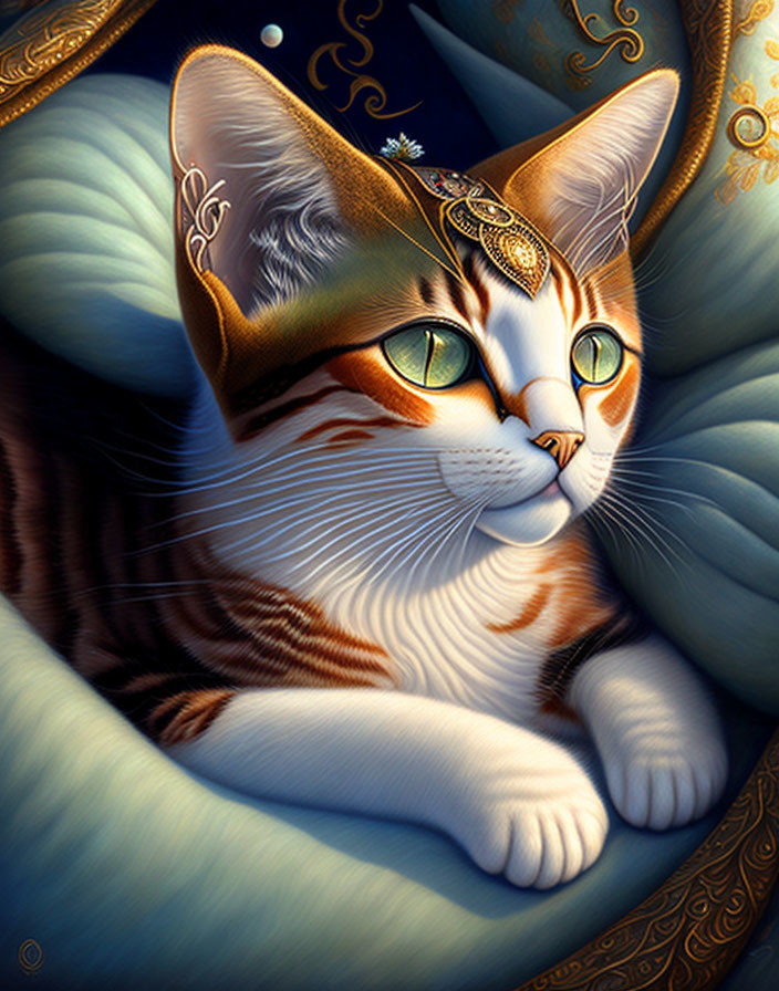 Regal Cat with Crown-Like Accessory on Blue Fabric