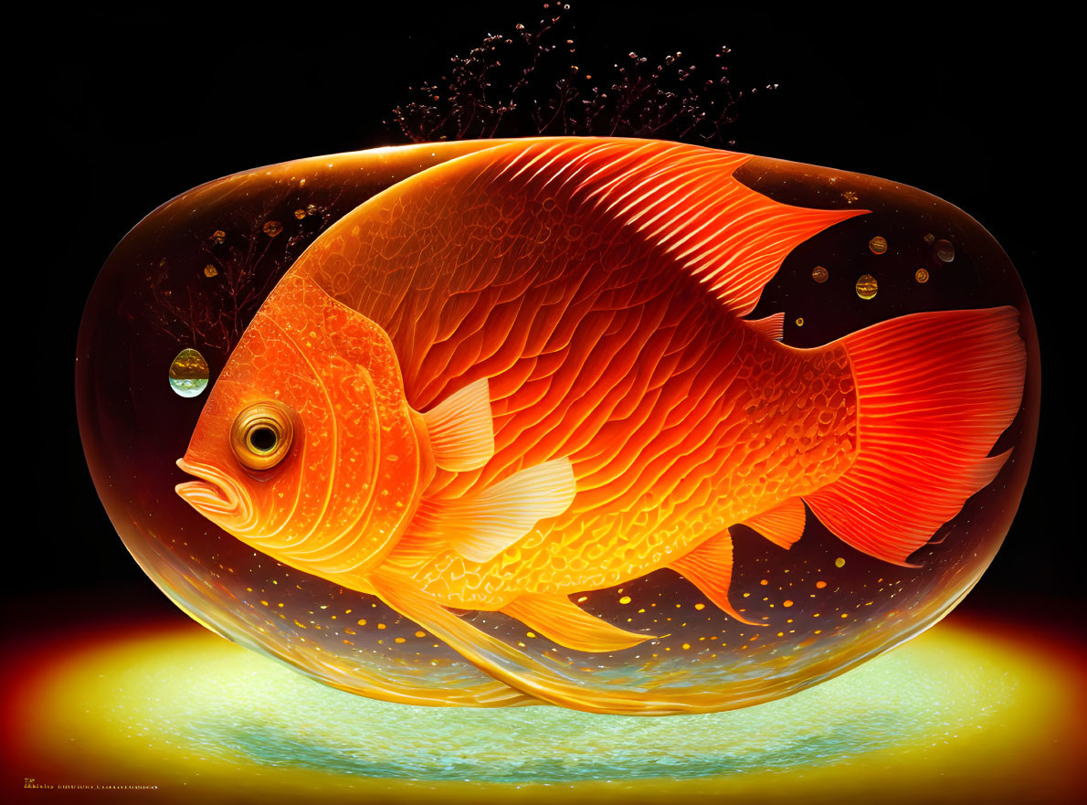 Vibrant digital artwork: Orange-red fish in bubble on black background