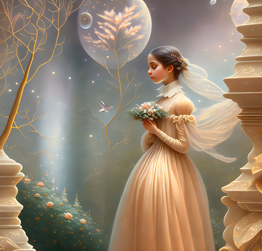 Woman in vintage dress surrounded by magical forest with glowing trees, flowers, bird, and celestial elements.