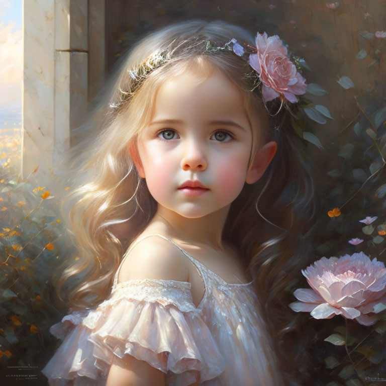 Young Girl with Floral Headband and Flowing Hair in Dreamy Floral Ambiance