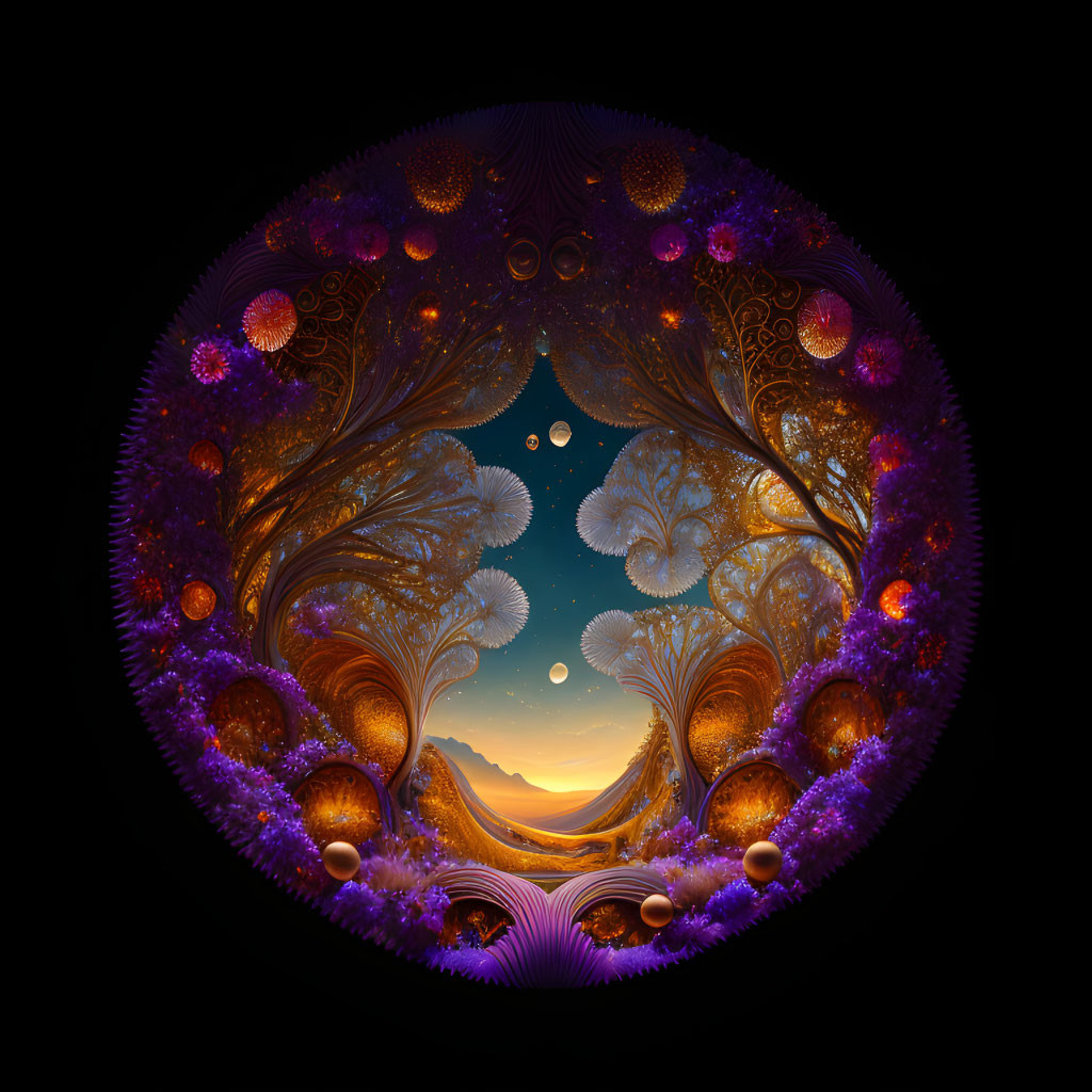 Circular purple and orange fractal art with tree-like structures on serene sunset landscape