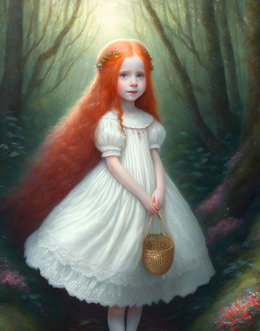 Young girl with red hair in white dress in enchanted forest holding a basket
