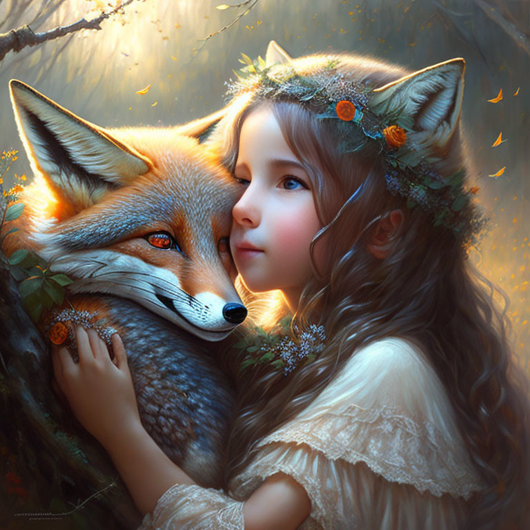 Young Girl Embraces Fox in Sunlit Forest