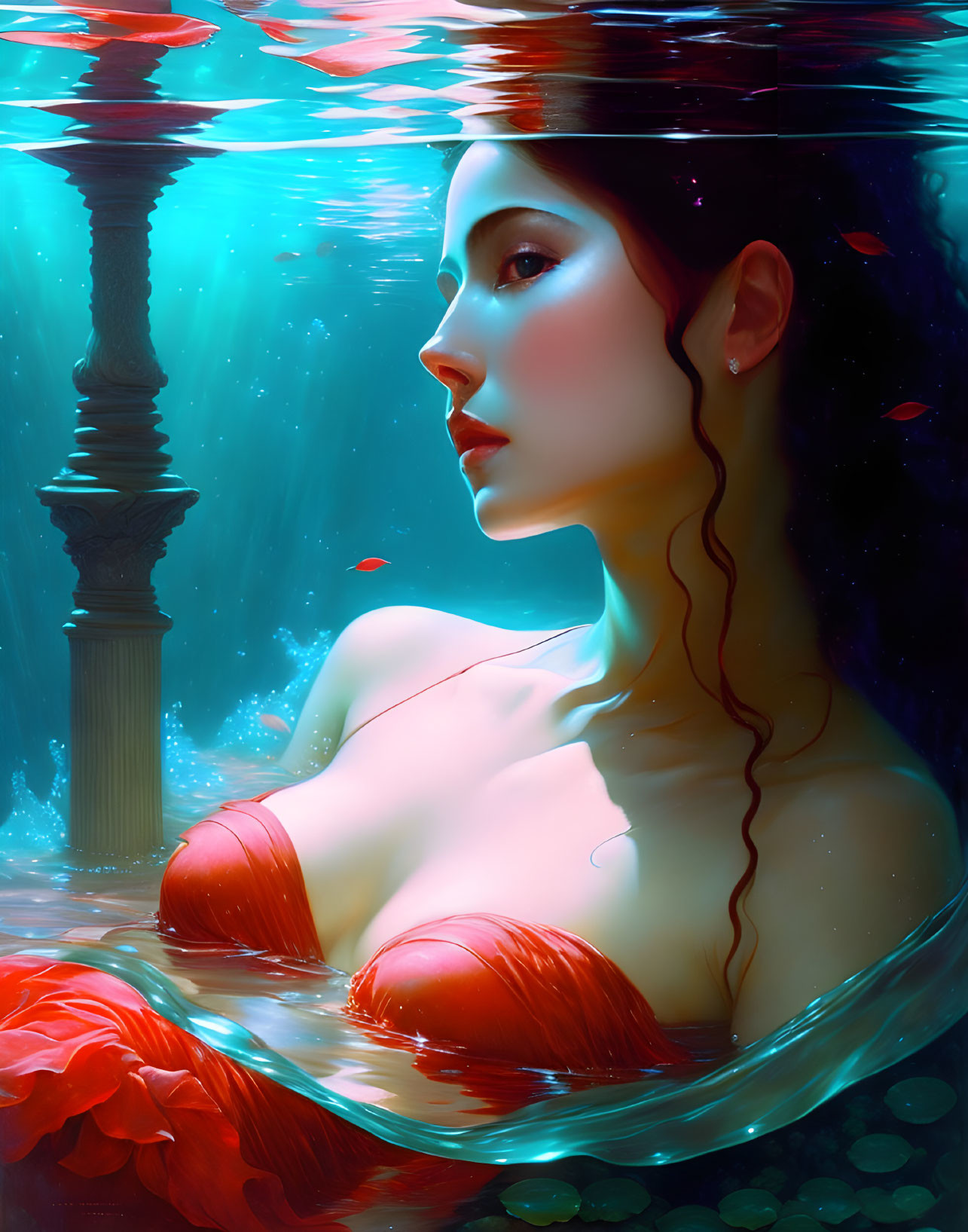 Surreal portrait of woman in water with classical architecture and red accents