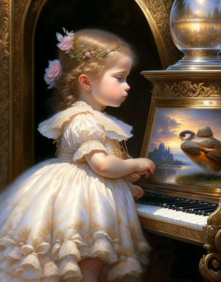 Young girl in white dress with floral headband playing piano and looking at bird in golden light