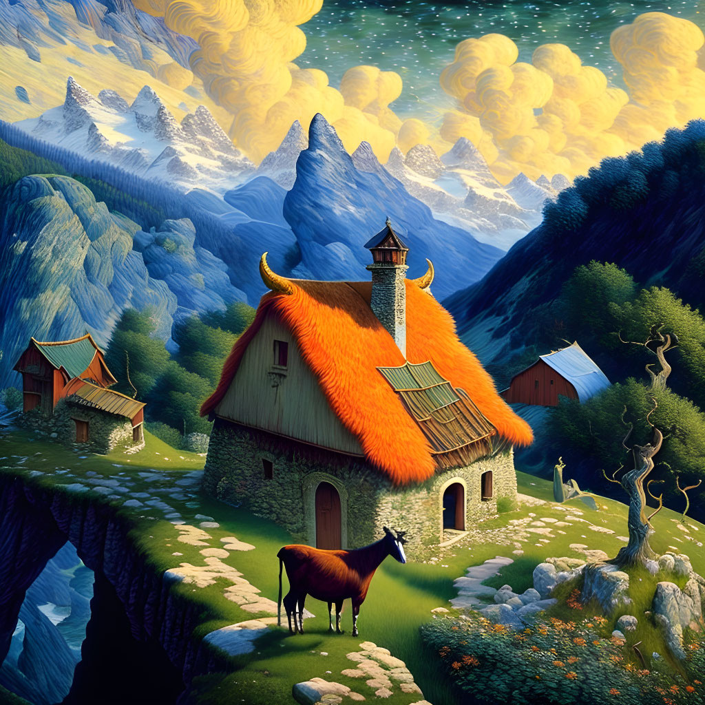 Colorful mountain valley scene with cottage, goat, and surreal skies.