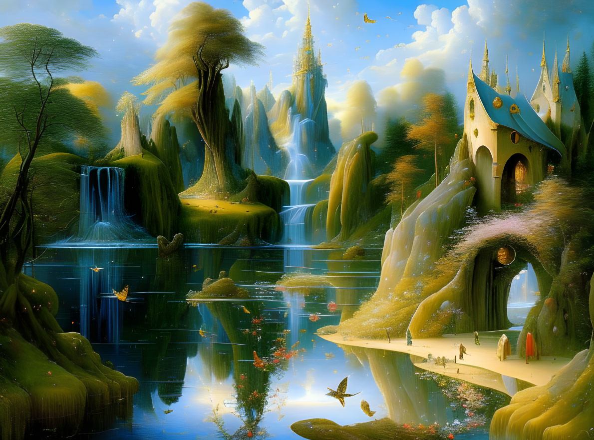 Tranquil lake, waterfalls, trees, castles in fantasy landscape