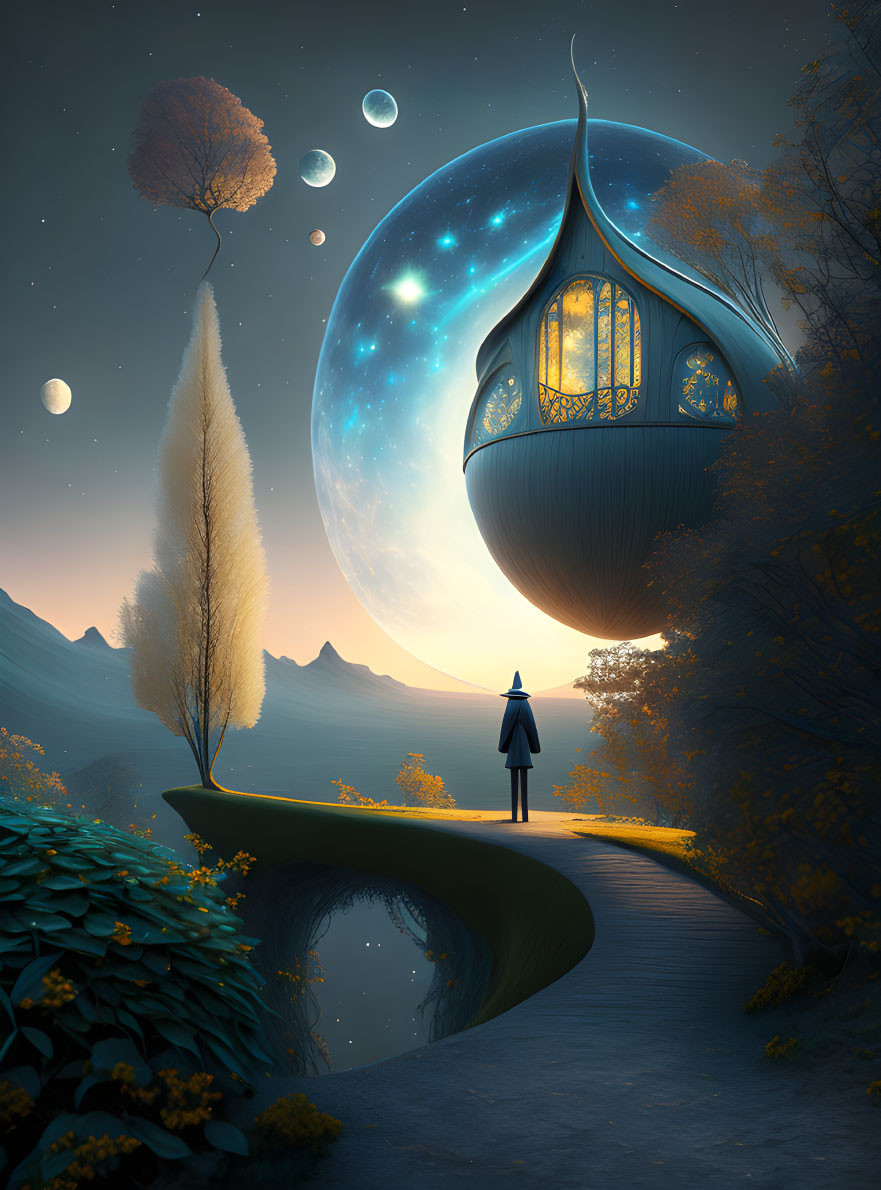 Surreal onion-shaped house in cosmic twilight setting