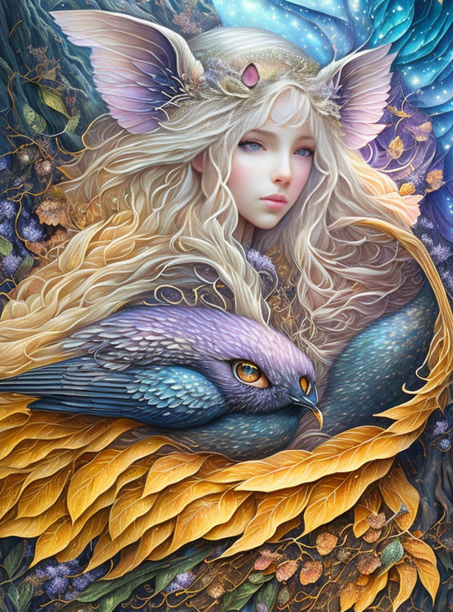 Fantastical artwork of woman with elfin ears and owl in nature