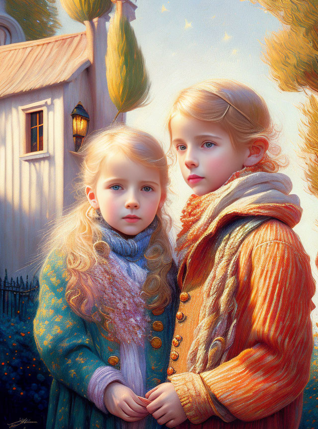 Young children with golden hair near quaint house in autumn scene