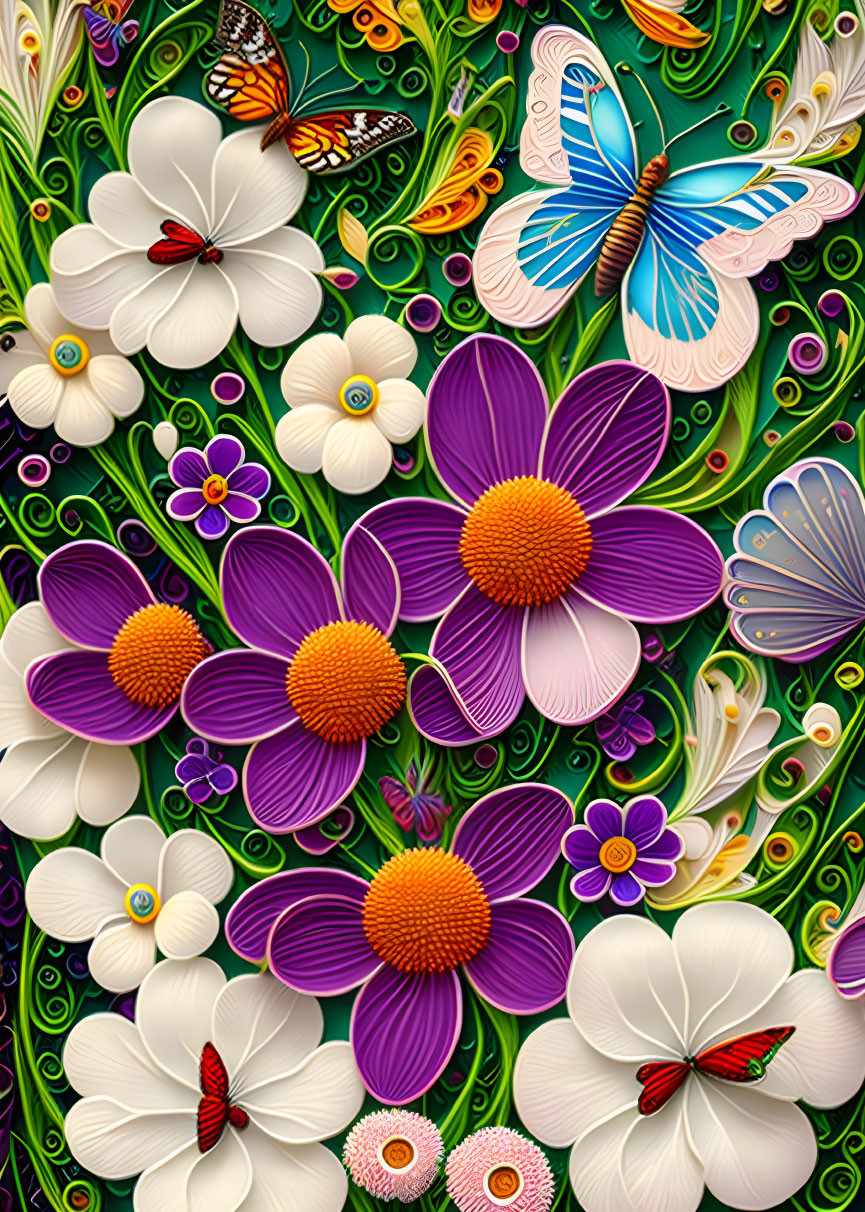 Colorful digital artwork featuring stylized flowers and butterflies in purple, white, pink, blue, and