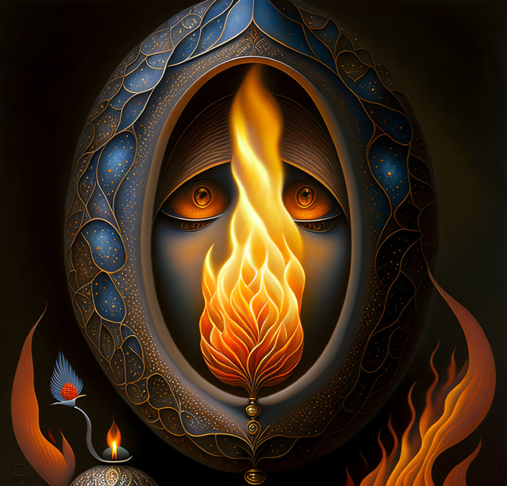 Intricate Flame-Faced Figure in Ornate Hood with Fiery Elements