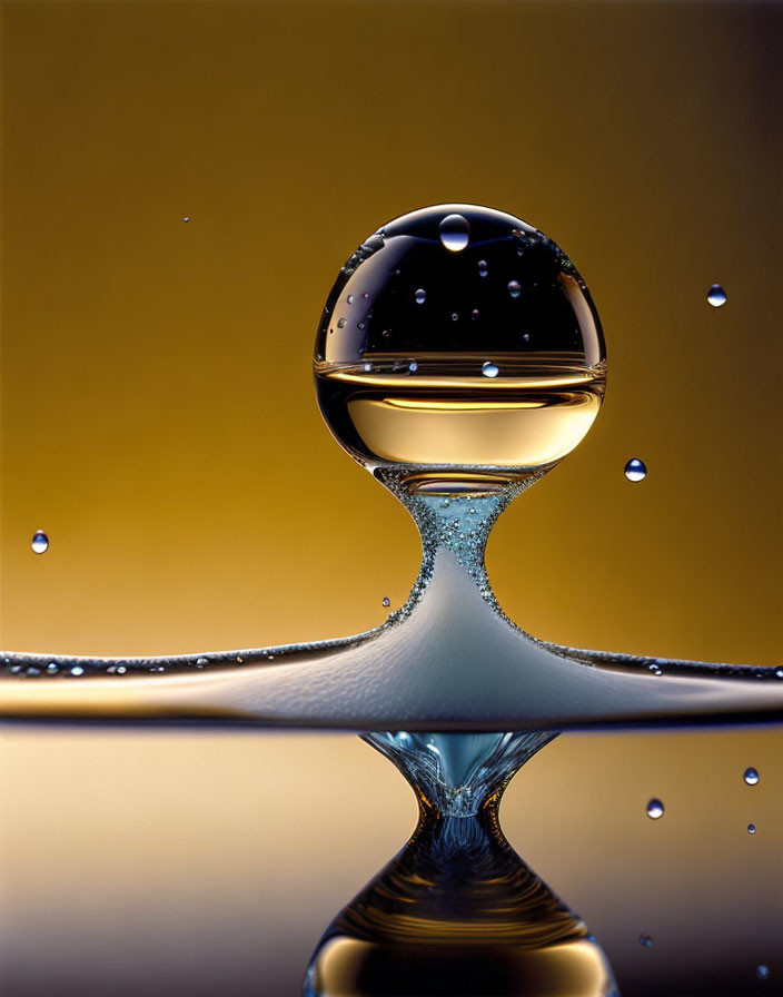 Golden-hued water droplet reflects above surface with scattered droplets