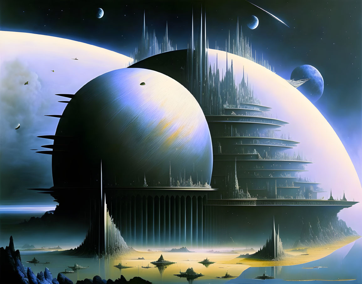 Futuristic city with towering spires on a spherical structure in celestial setting