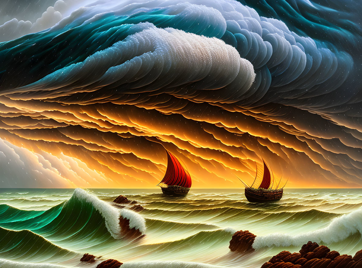 Surreal seascape with layered cloud-like waves and ships sailing under dramatic sky