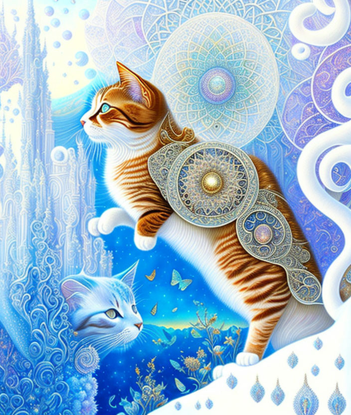 Illustration of Orange Tabby Cat in Ornate Armor on Whimsical Blue Background