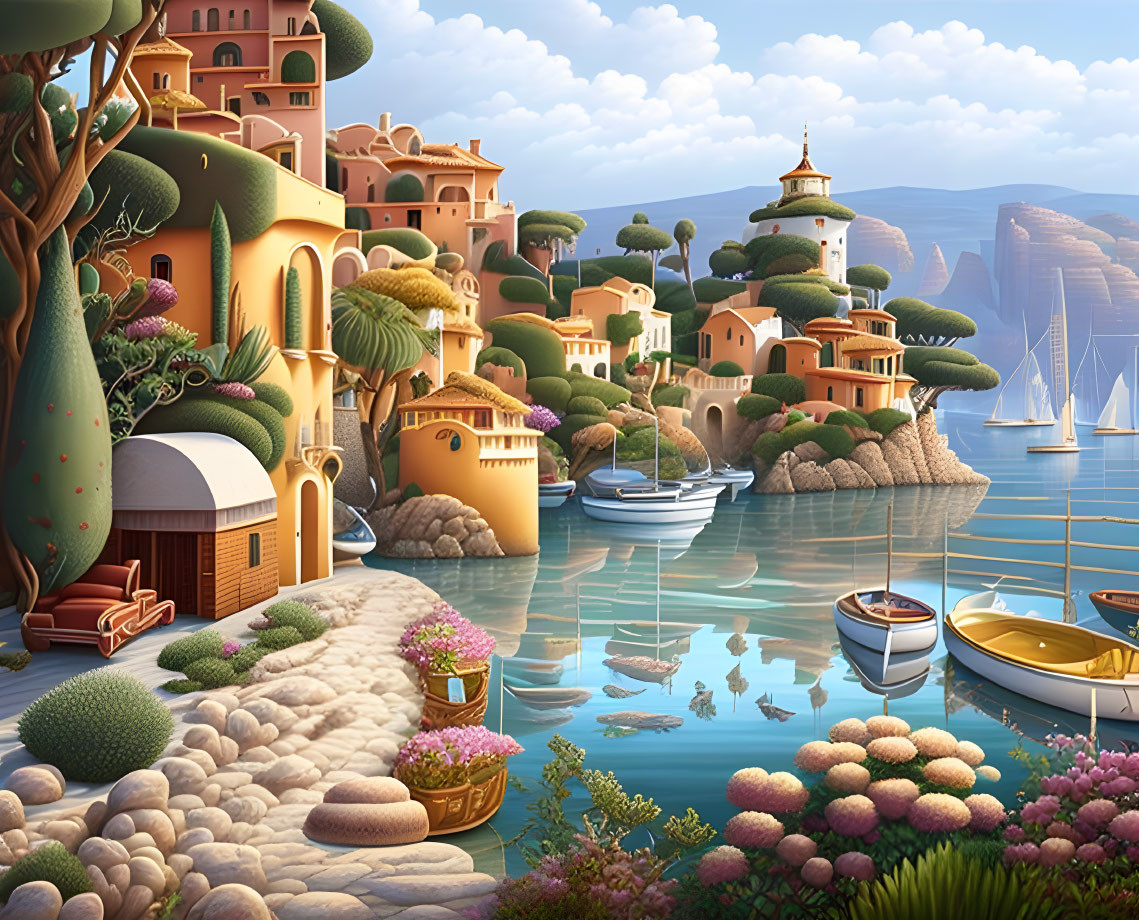 Tranquil Coastal Village with Terracotta Buildings and Boats