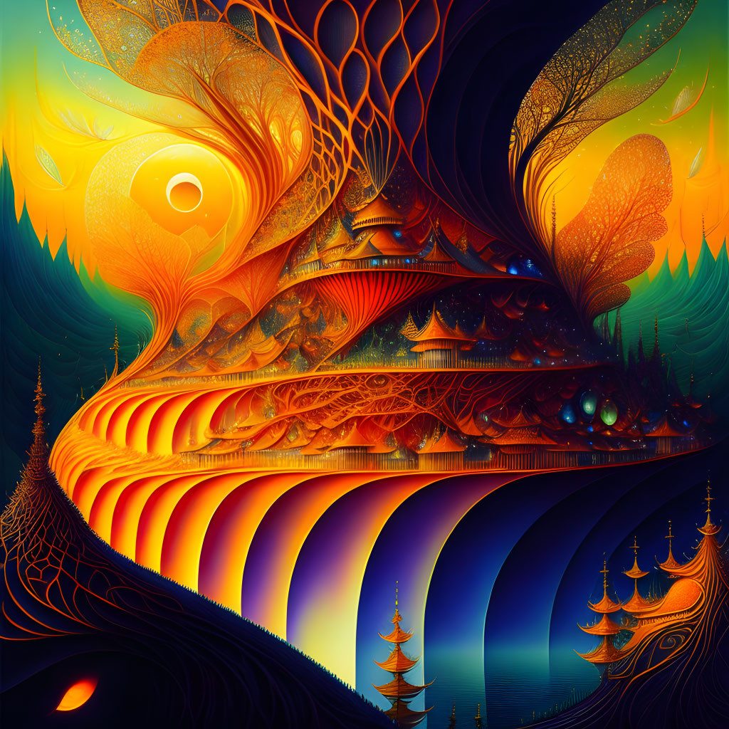 Surreal landscape with fiery colors and Asian-inspired architecture