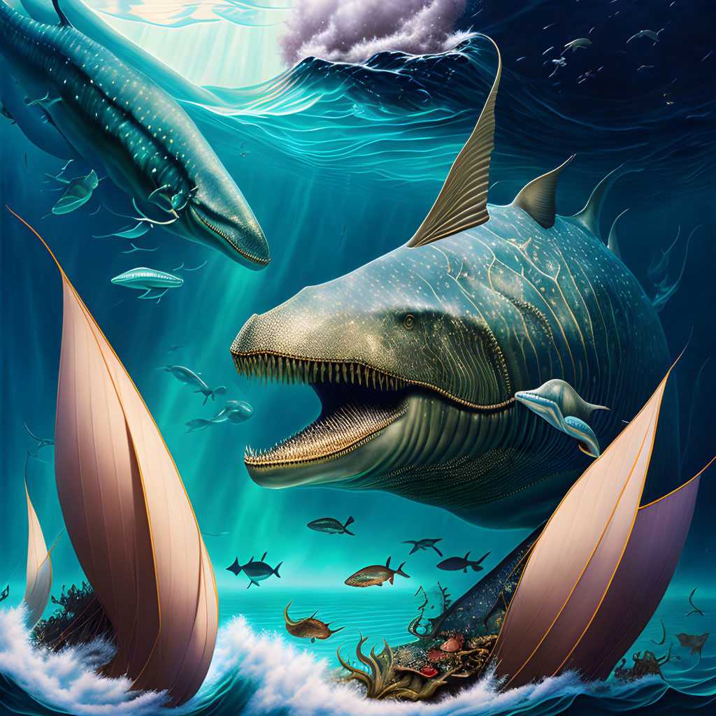 Whimsical underwater scene with giant whales, small fish, and sunken sailboat hulls.