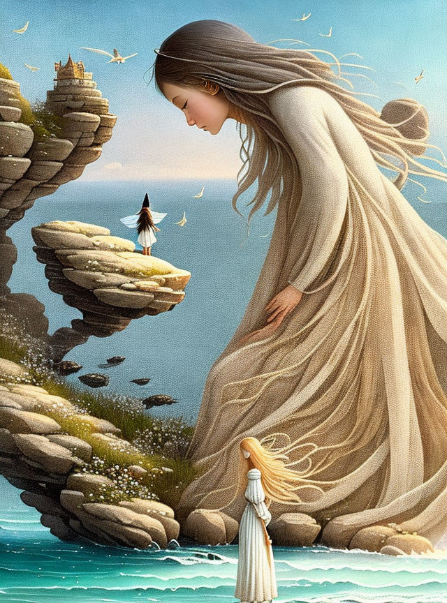 Surrealist artwork of giant woman bending over cliff by sea