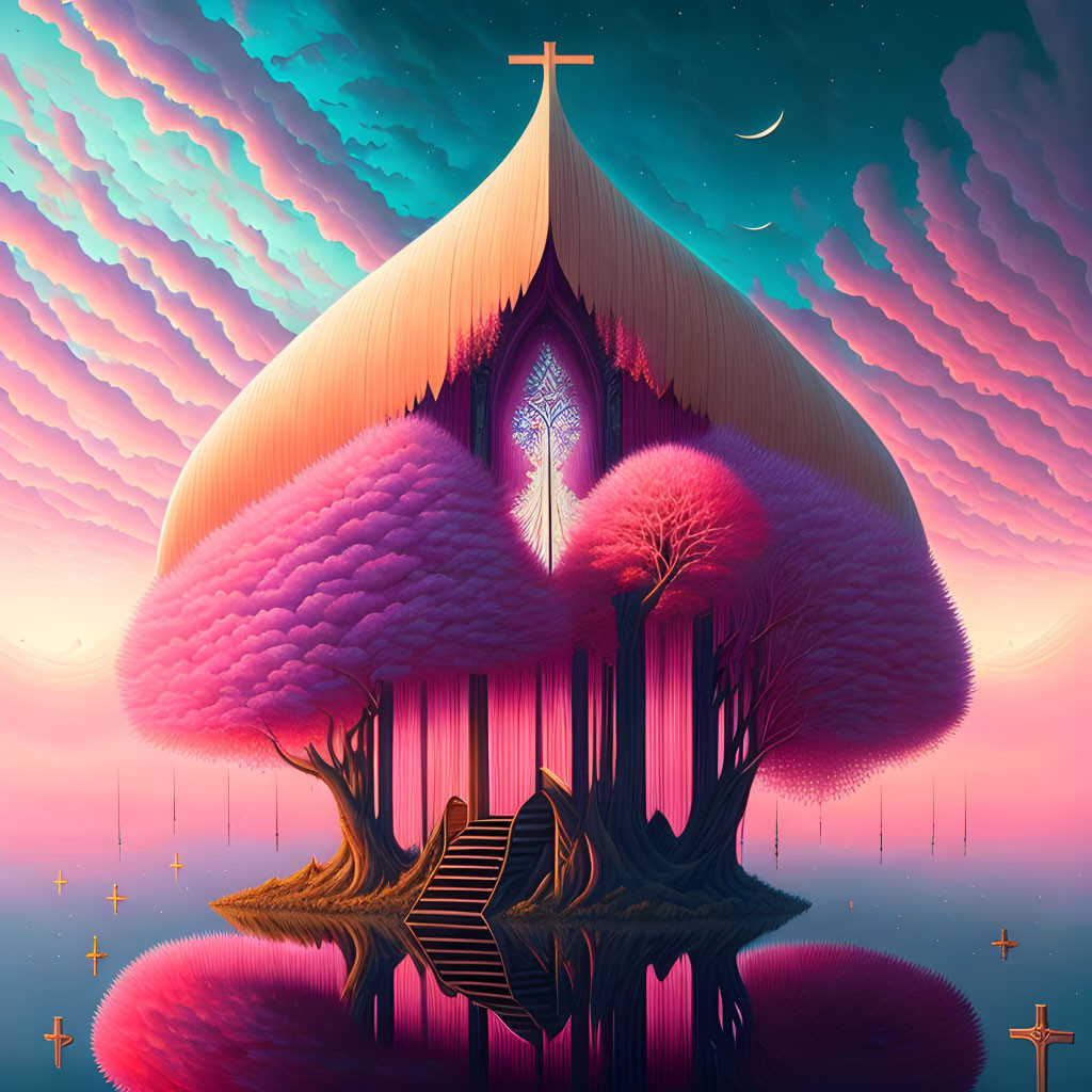 Fantastical church illustration in pink tree island twilight scene