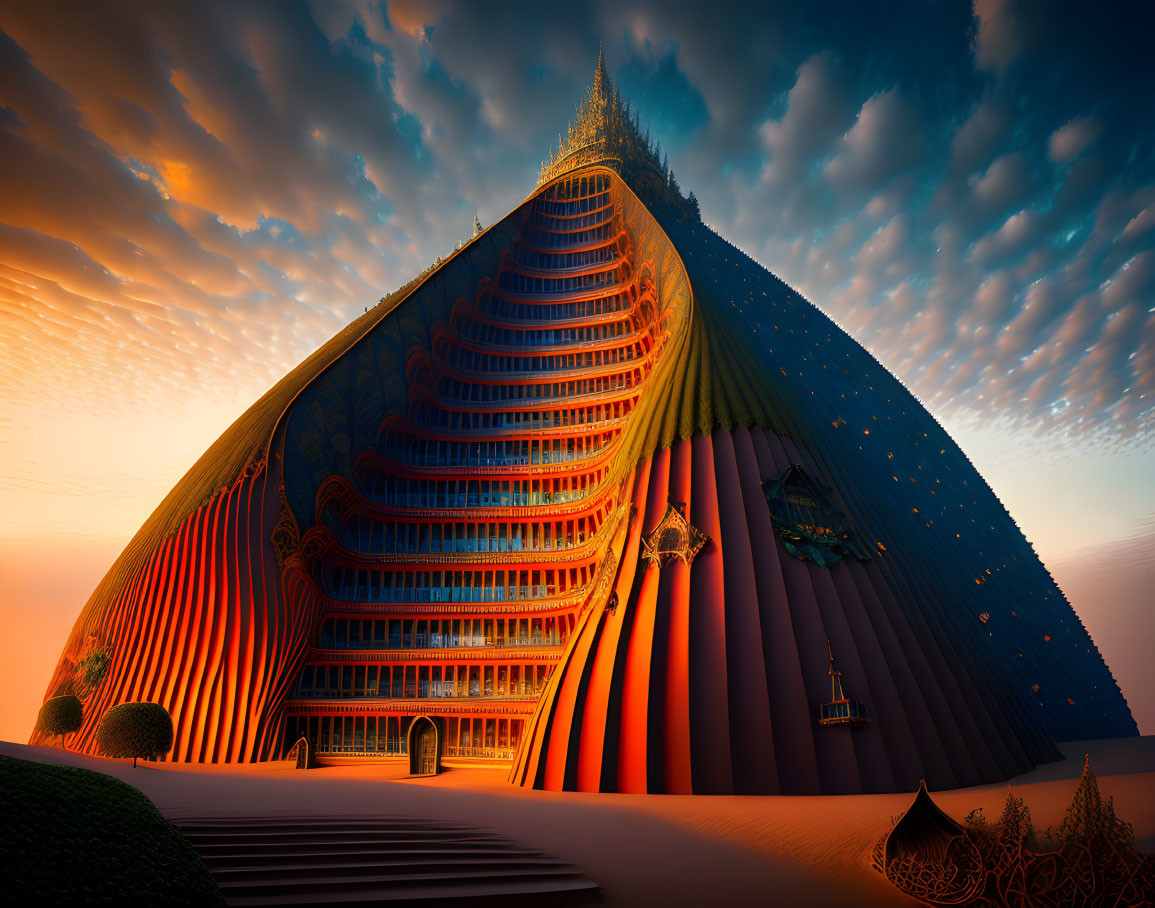 Futuristic building with vibrant colors under dramatic sky