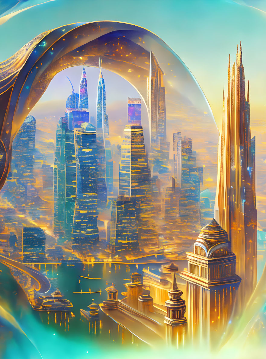 Futuristic cityscape with skyscrapers and domed architecture in golden-orange sky