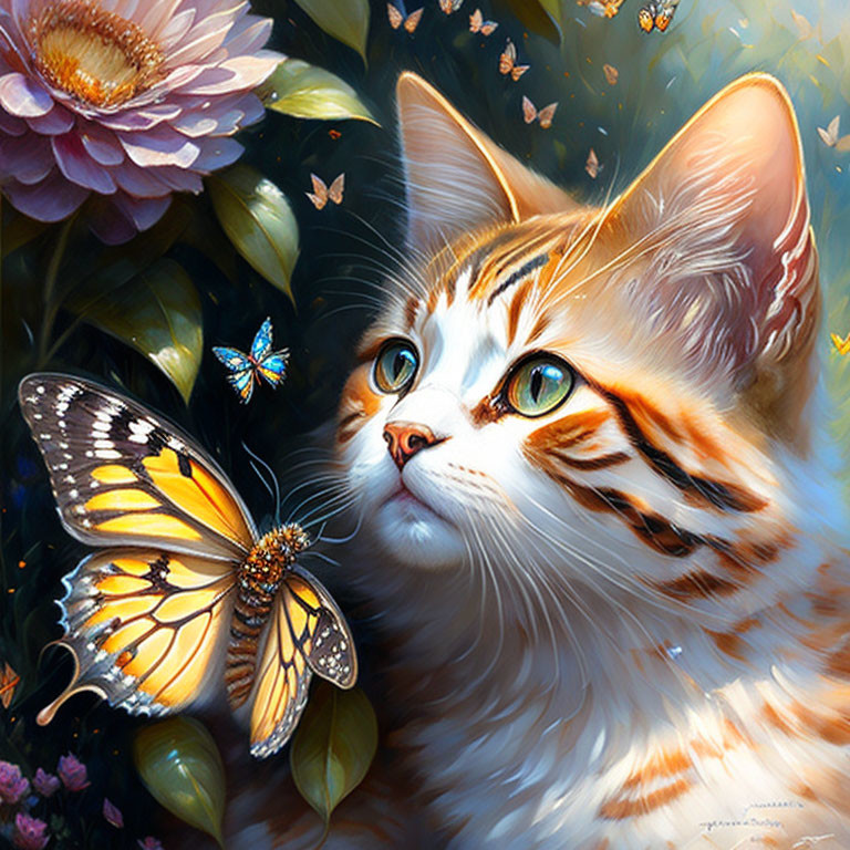 Orange Tabby Kitten with Butterfly in Realistic Artwork