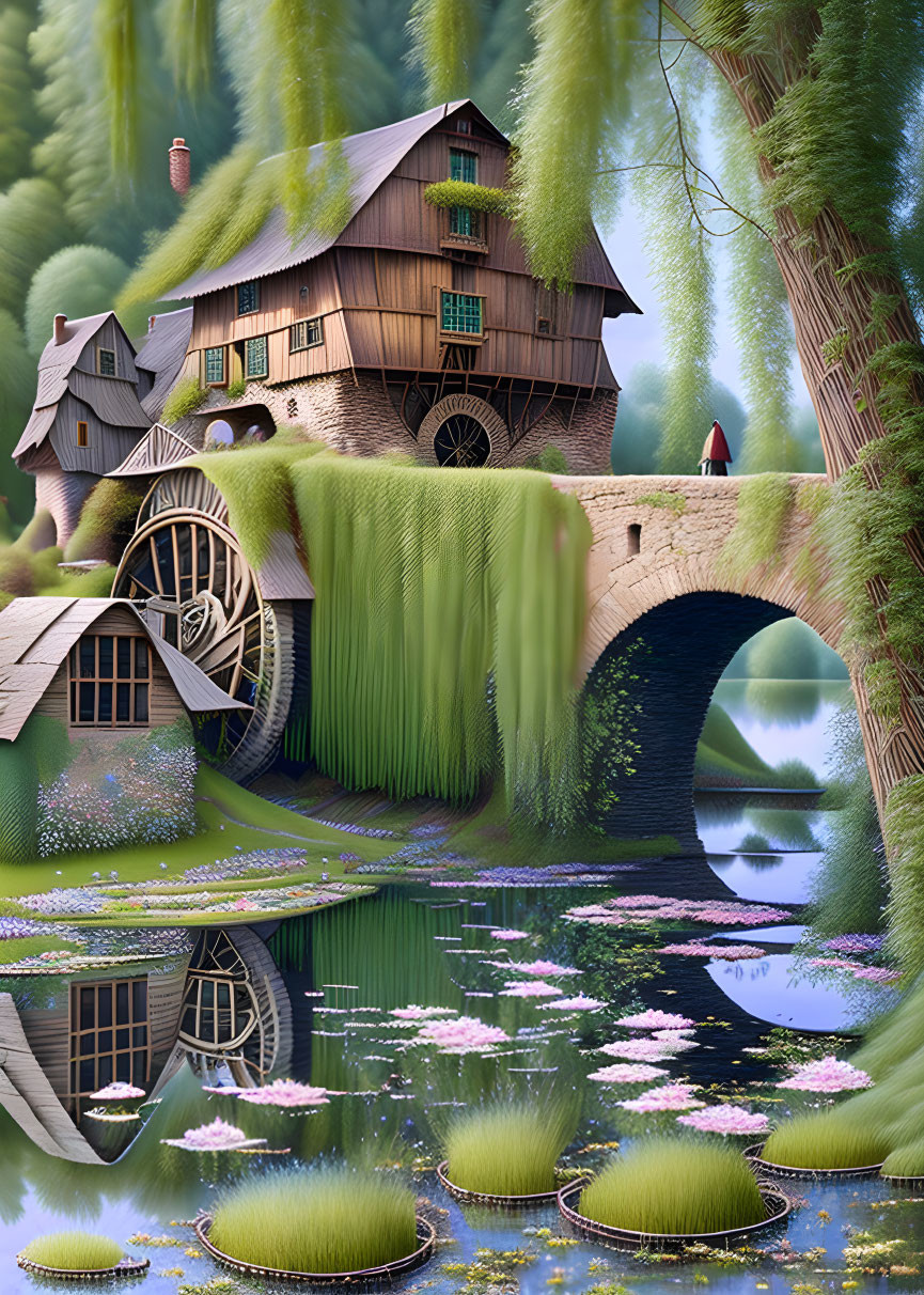 Charming watermill scene with quaint house and lush greenery