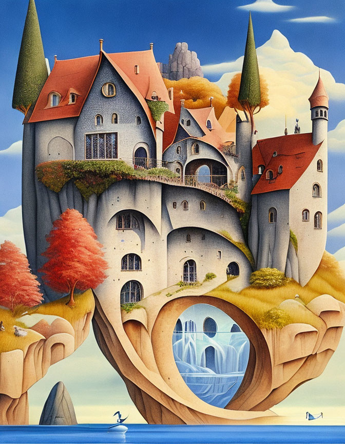 Imaginative castle with towers on floating island, surrounded by autumnal trees and waterfall