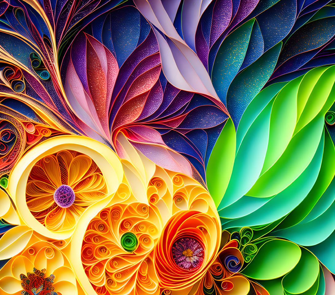 Colorful Quilled Paper Art with Spirals and Leaf Patterns