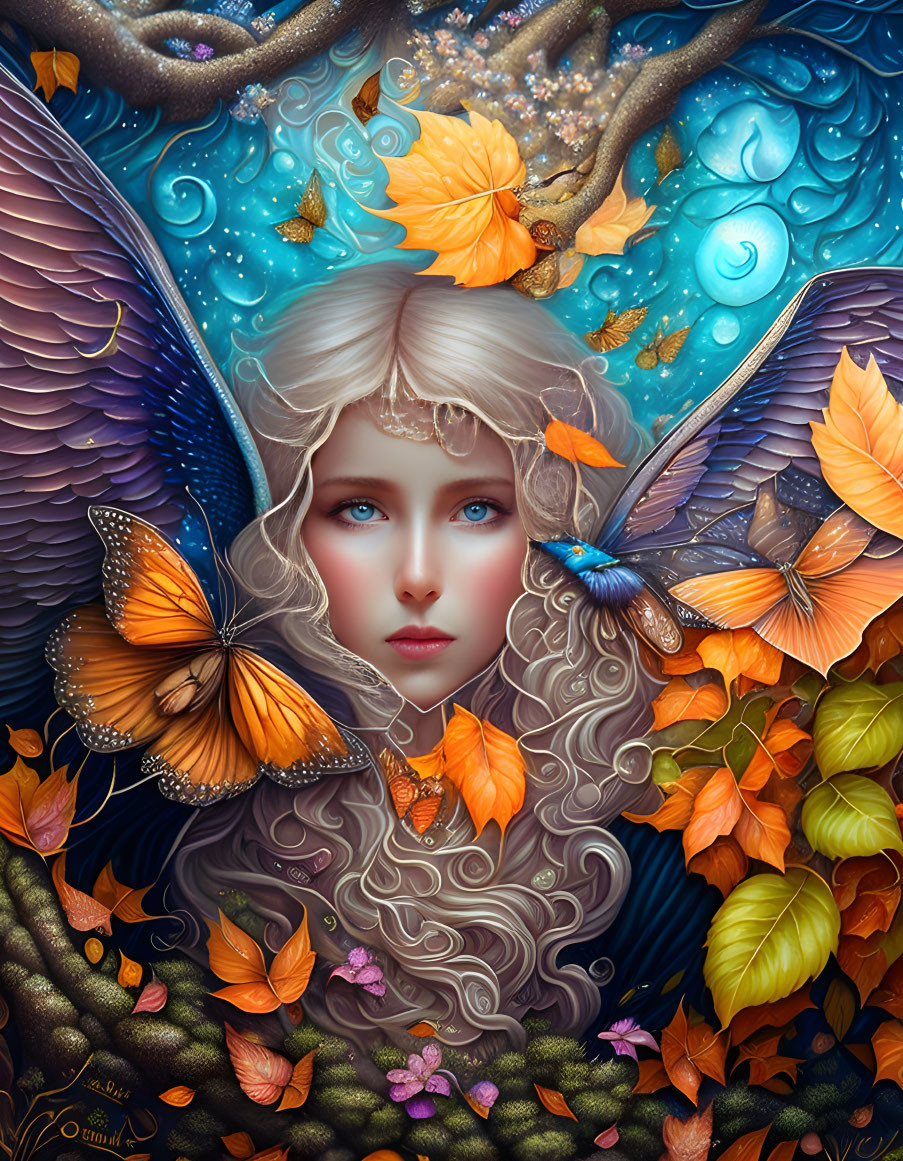 Fantasy woman's face with autumn leaves and butterflies in blue and orange palette