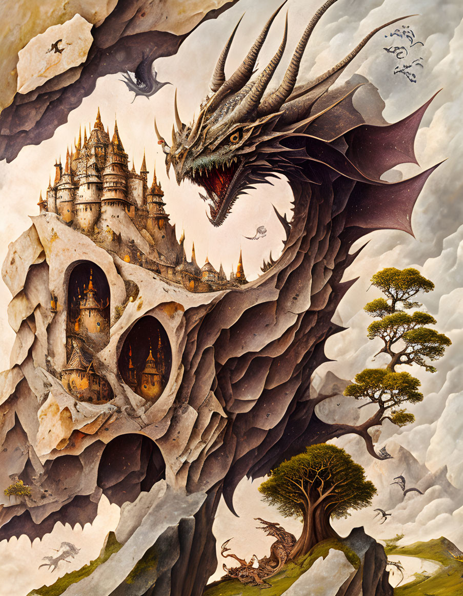Massive dragon carrying castle on its back amid floating rocks and trees