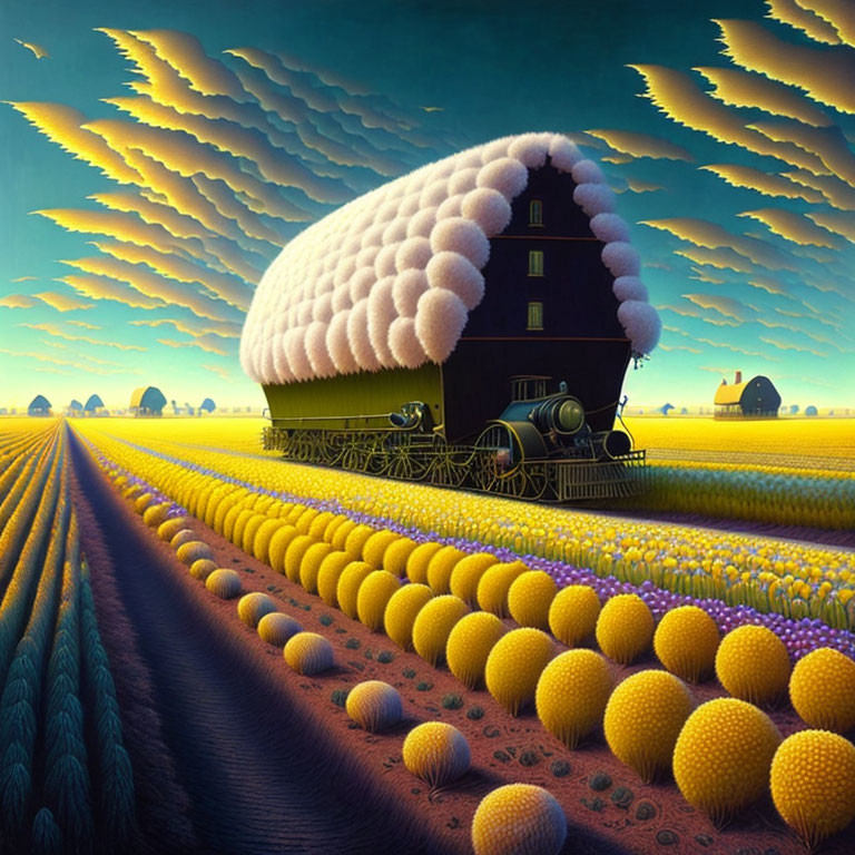 Surreal painting of house on steam engine in colorful landscape