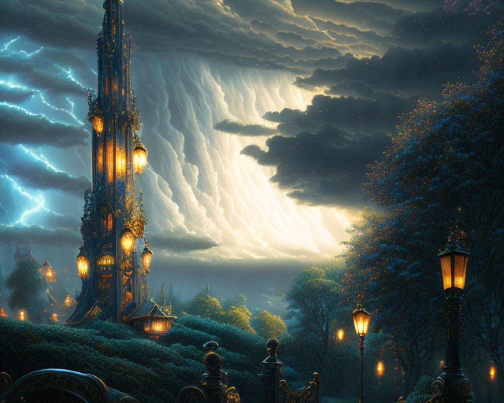 Fantasy Night Landscape with Luminous Tower and Thunderstorm Clouds