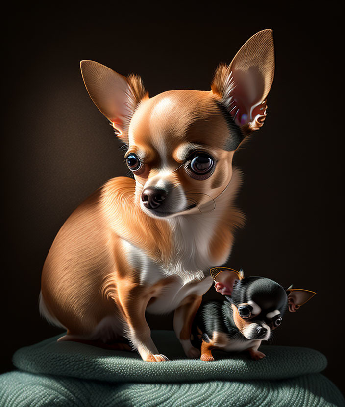Adult Chihuahua with tiny puppy against dark background