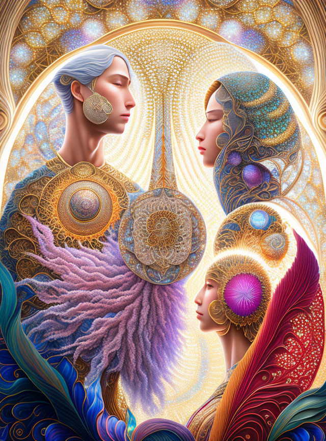 Ethereal digital artwork: Three stylized figures with ornate headdresses in golden celestial halo.
