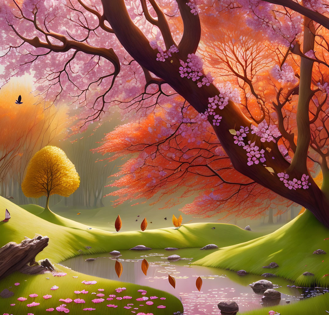 Colorful fantasy landscape with cherry blossoms, golden tree, butterflies, and serene pond