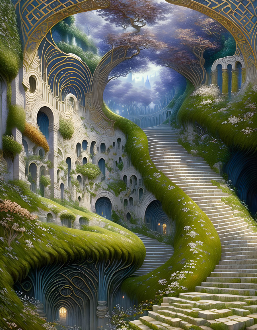 Fantastical image of lush staircase intertwined with greenery and ornate archways