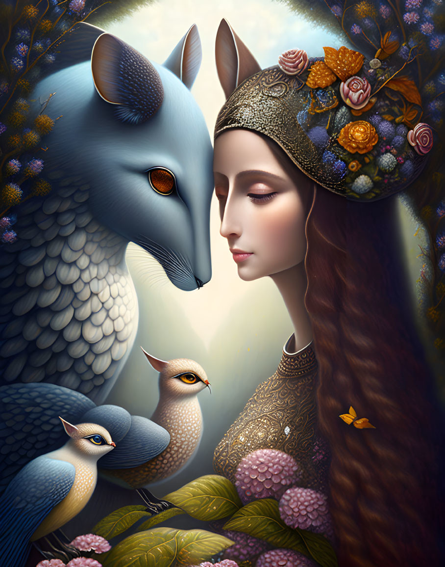 Woman in floral hat meets majestic fox in enchanting forest scene