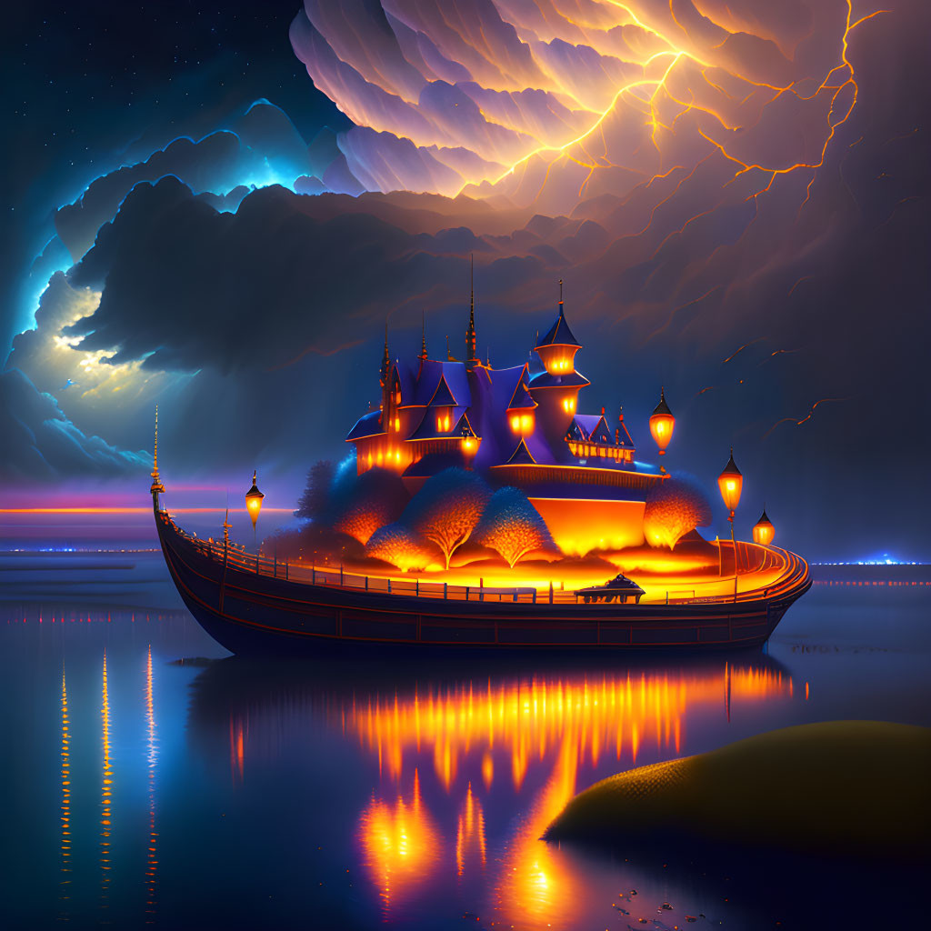 Fantasy ship with castle-like structures on calm water under dramatic night sky.