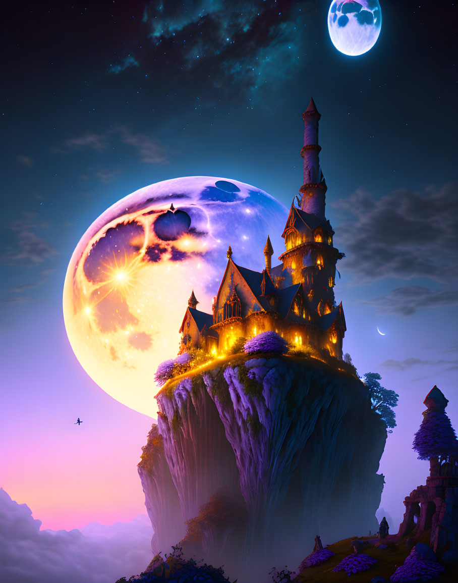 Fantasy castle on floating island with two moons in purple sunset