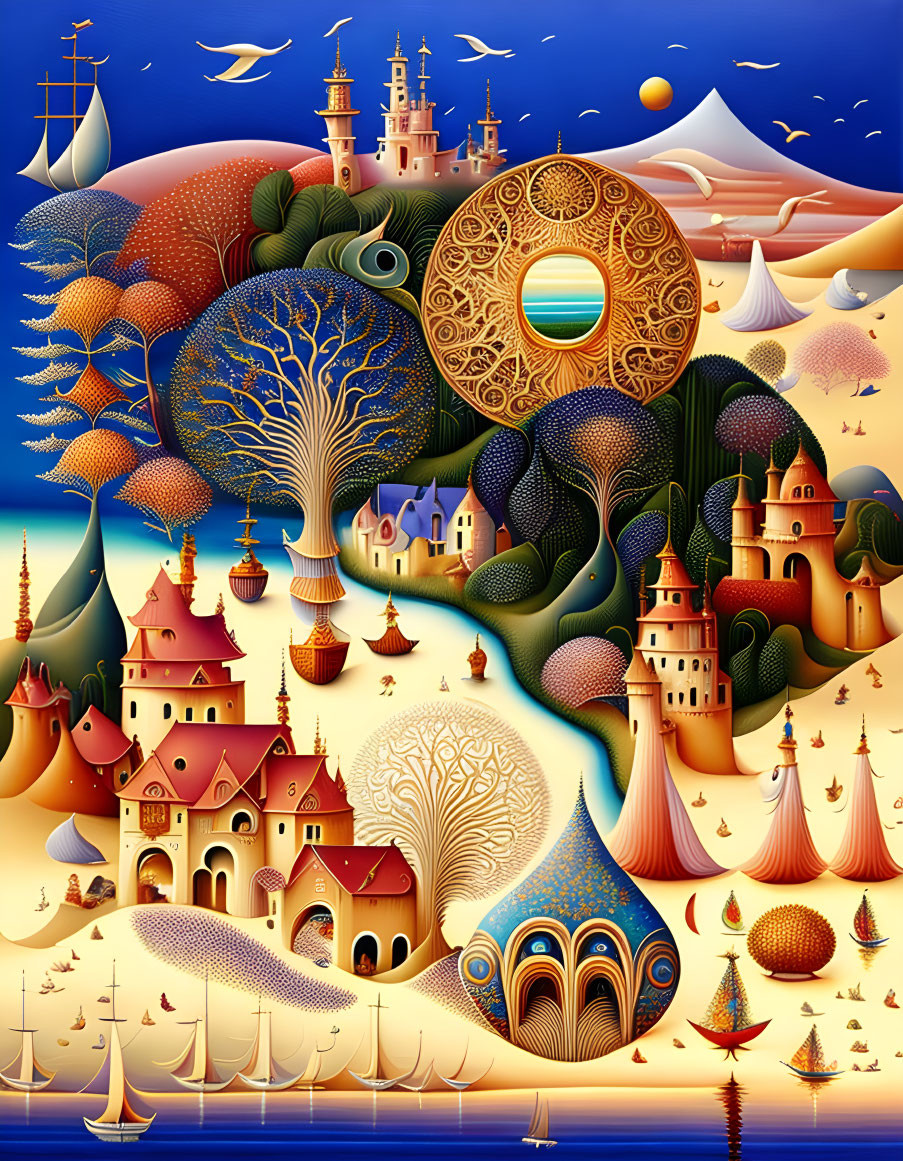 Colorful surreal landscape with whimsical trees, castles, and boats on calm seas