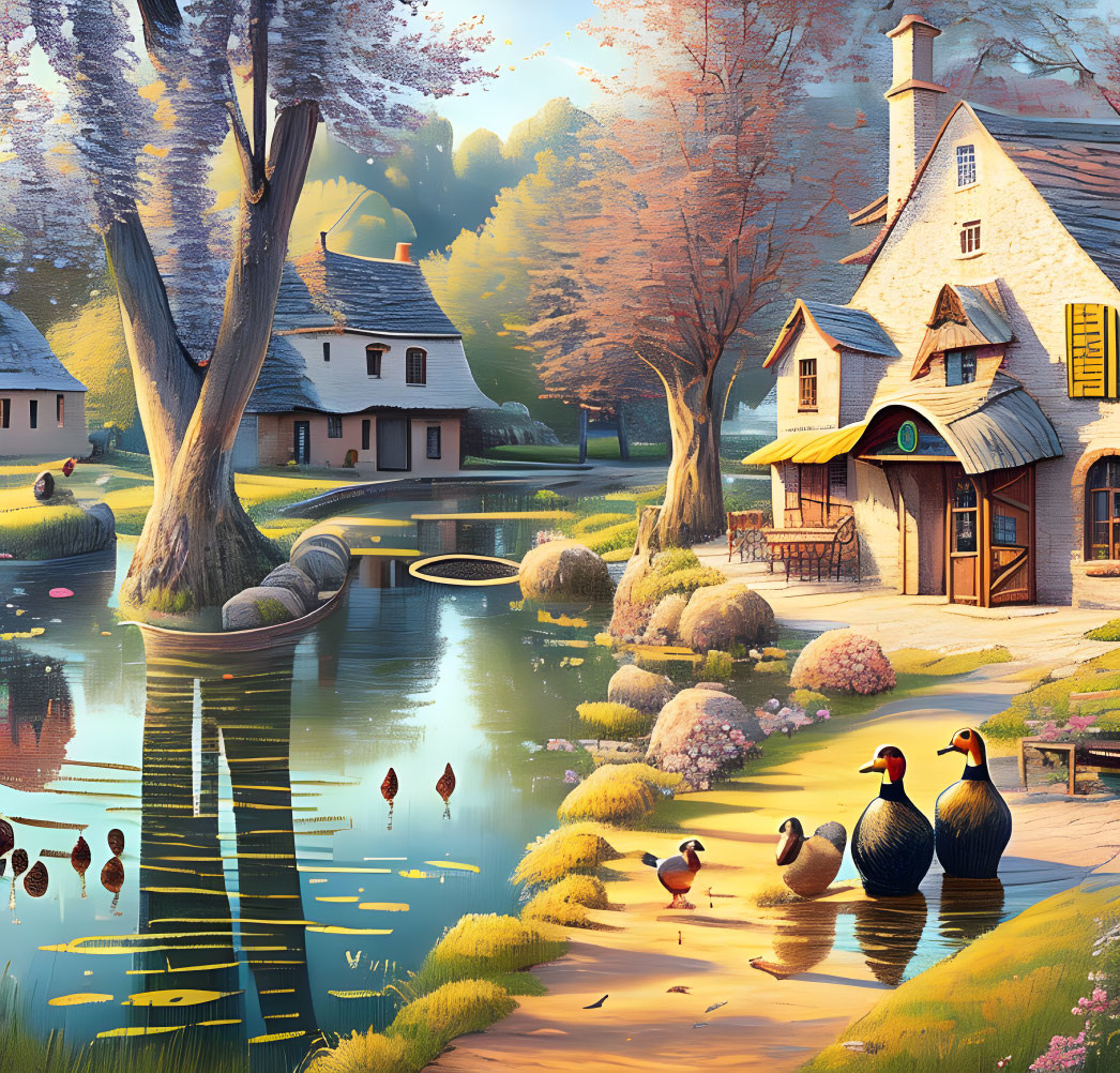 Tranquil pond scene with cottages, ducks, and golden-hour light