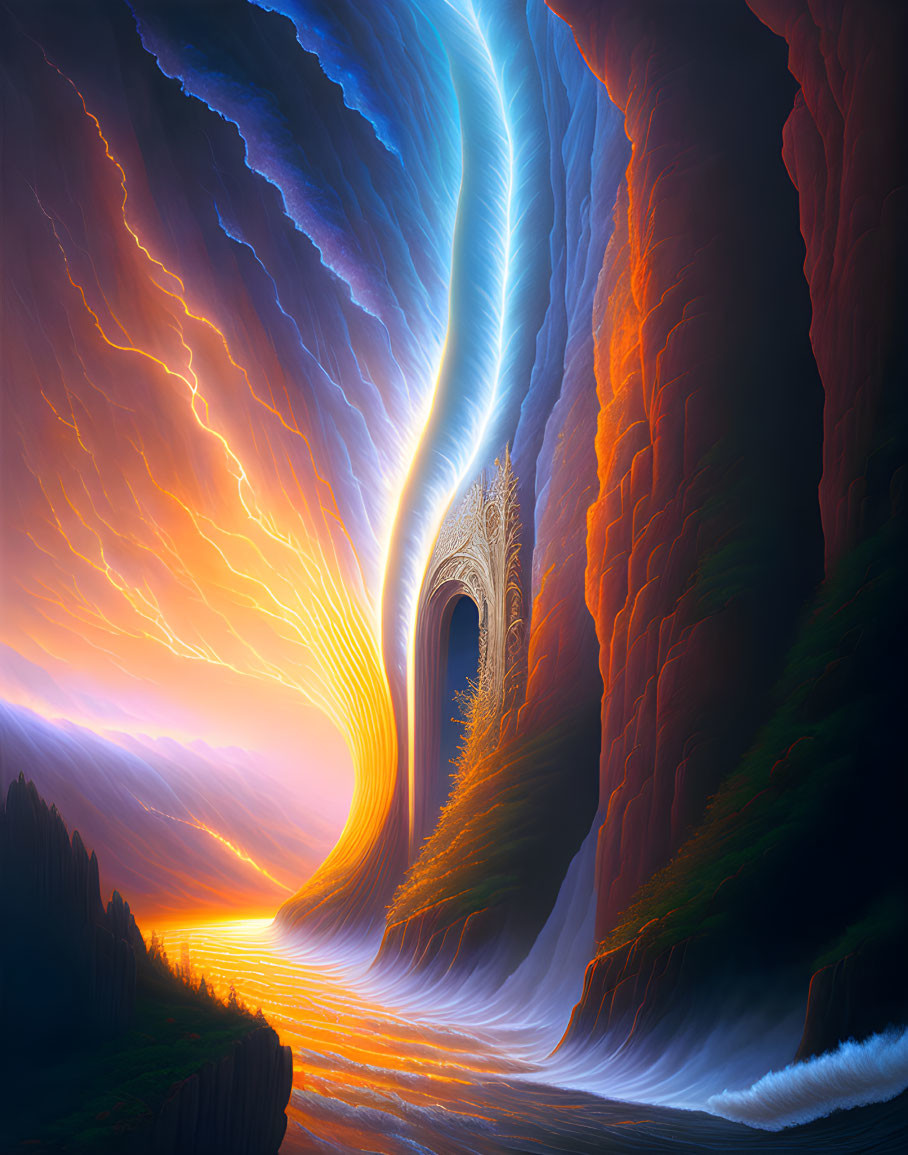 Vibrant fantasy landscape with swirling vortex sky, cascading waterfalls, luminous gateway, and