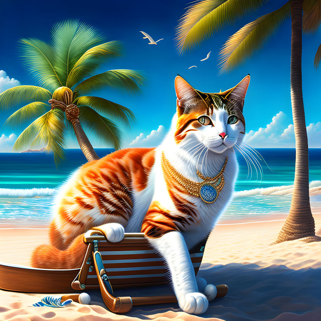 Orange and white cat with pendant on beach chair under palm trees - digital art.