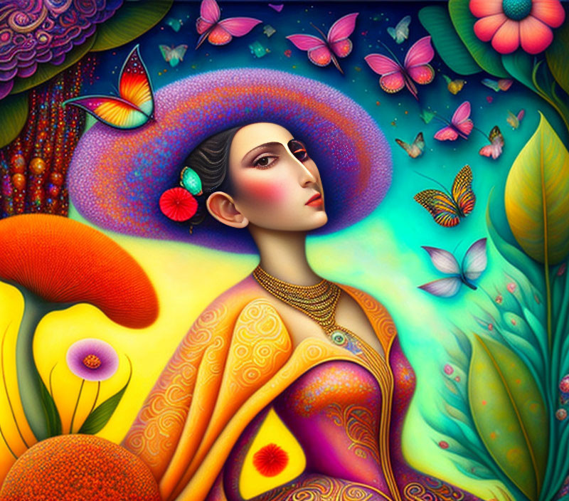 Colorful illustration of woman in nature with hat and jewelry