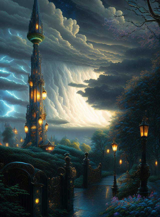 Fantasy Night Landscape with Luminous Tower and Thunderstorm Clouds