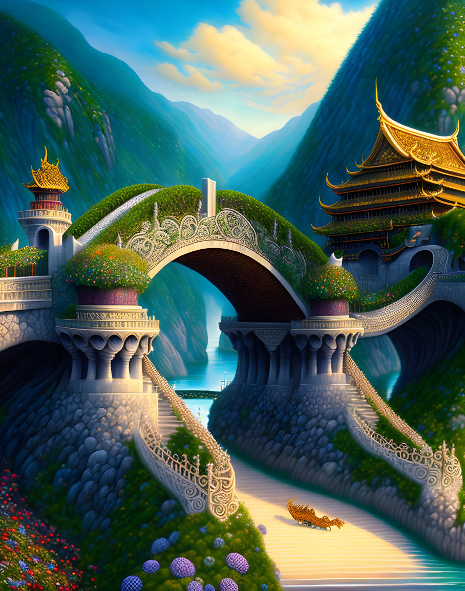 Vibrant fantasy landscape with ornate bridge, traditional pagodas, lush green mountains, and